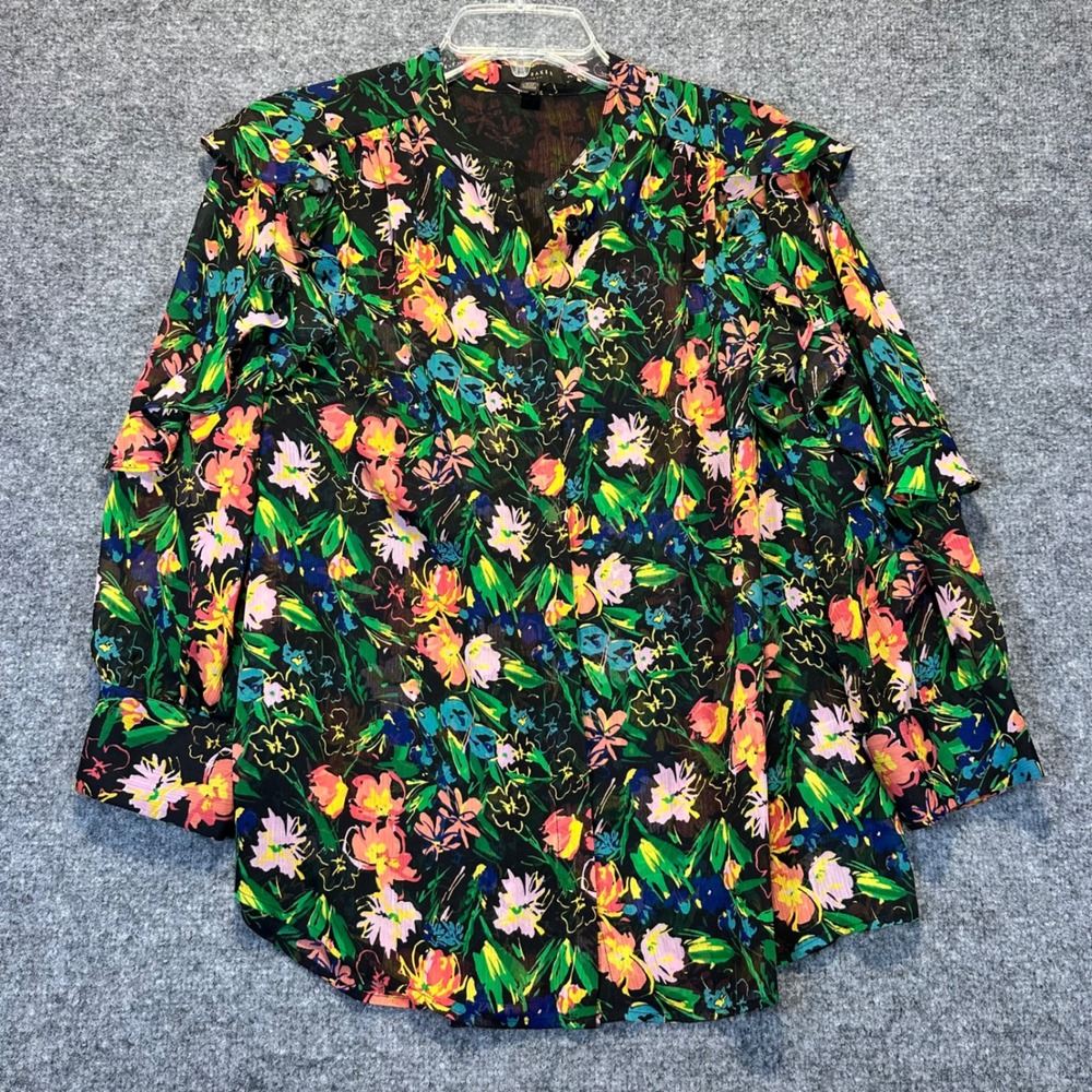 Ted Baker Carita Blouse Womens 3 Black Floral Ruffle Silk-Look Romantic Boho